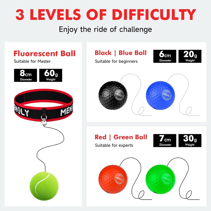 MENOLY 5pcs Boxing Reflex Balls Set, 2 Adjustable Headbands, 1 Pair Goggles and Gloves, Speed Training Equipment for Hand Eye Coordination, Agility, Great Gift for Men, Boxers & Fitness Fans - Image 2